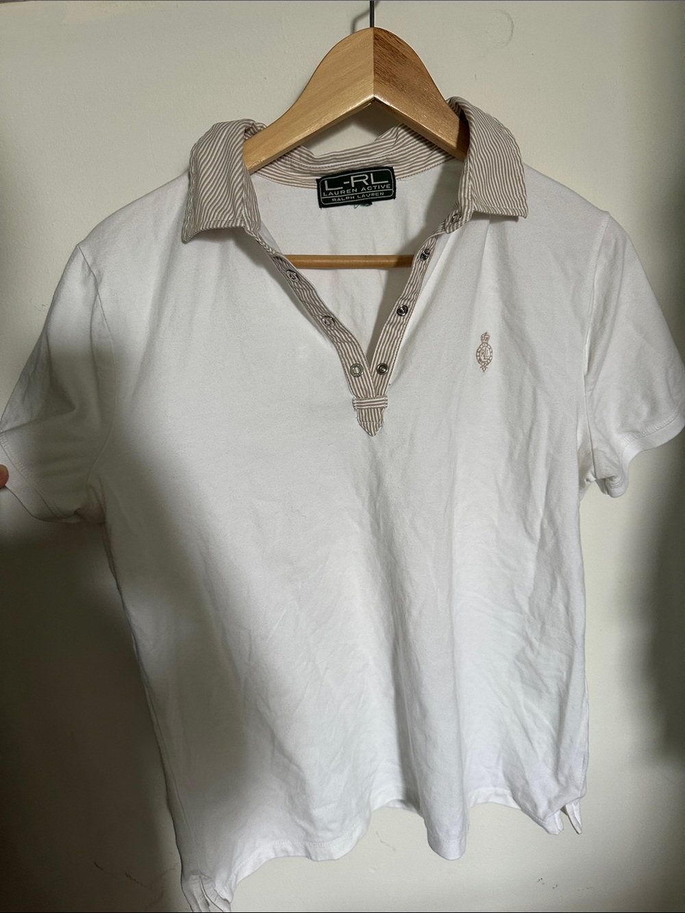 Vintage Lauren Ralph Lauren Polo Golf Shirt with Contrast Collar - White & Beige